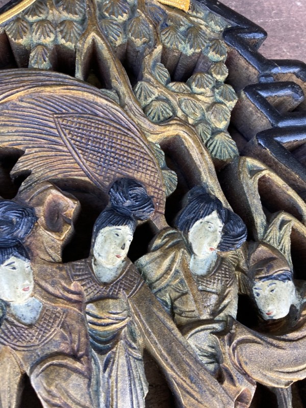 Hand carved Japanese wood figural panel