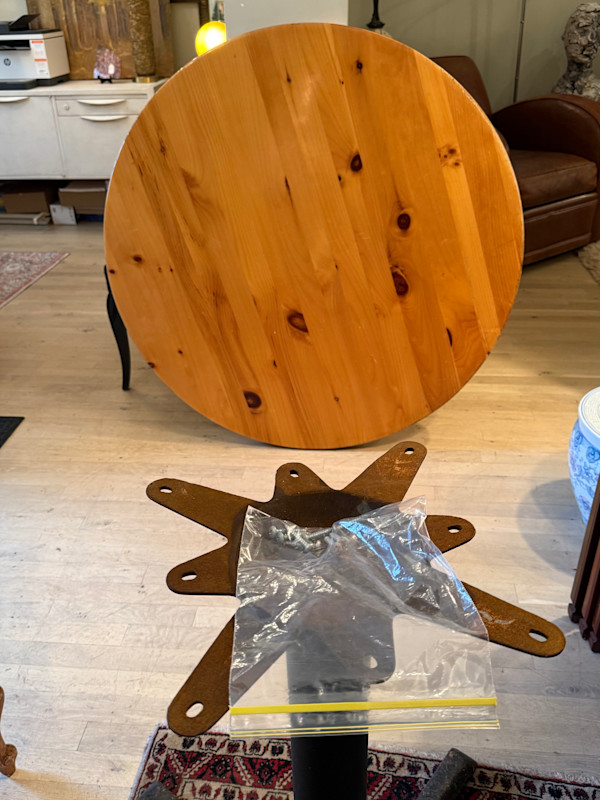 42" pine pub table with iron base, Image 1.