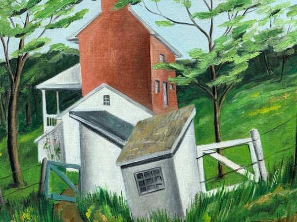 Original oil painting of farm buildings