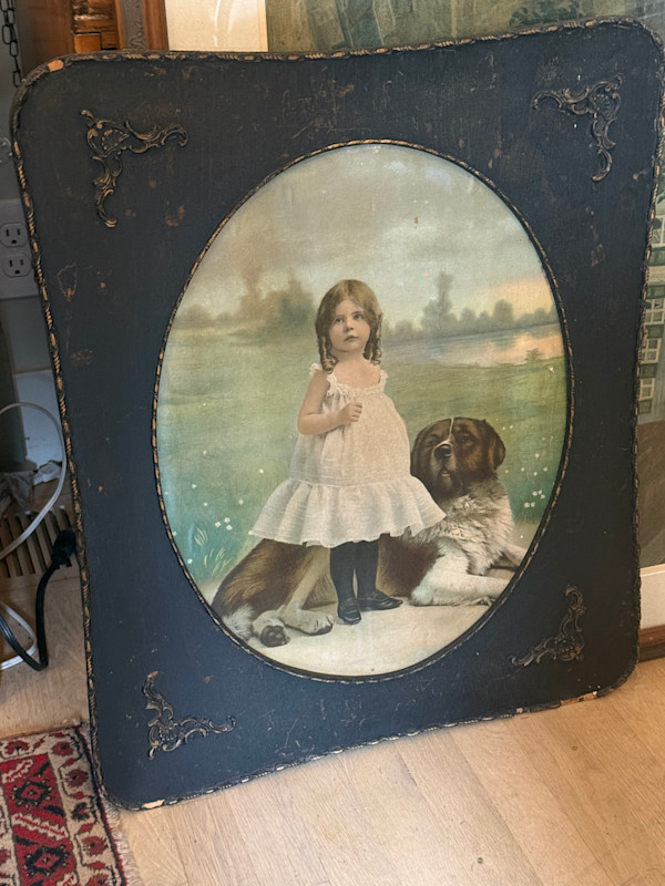 Vintage framed photograph of little girl and dog