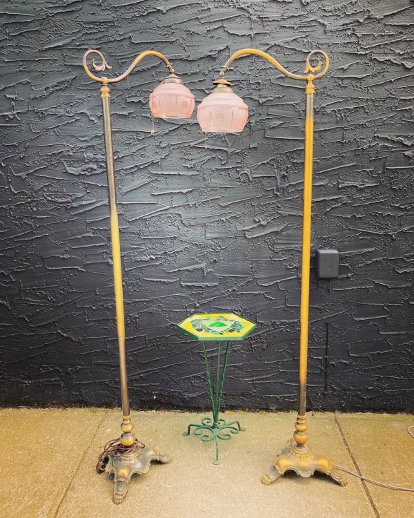 ornate footed brass bridge floor lamp with pink art deco shade