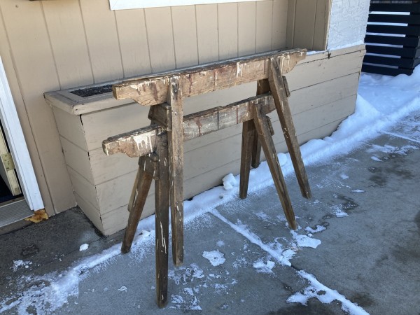 Primitive adjustable fold out work table with saw horses