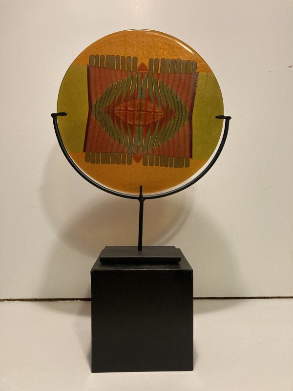 Lynn Latimer art glass disc with iron stand