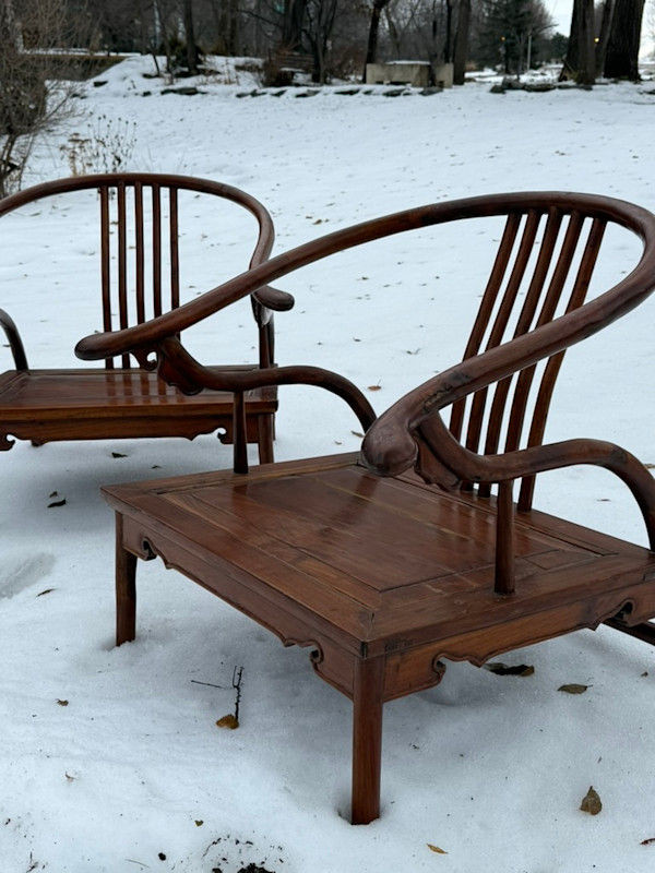 Pair of 19th century Chinese hardwood horseshoe low chairs
