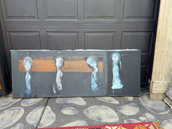 Abstract painting dark horizontal with 4 figures