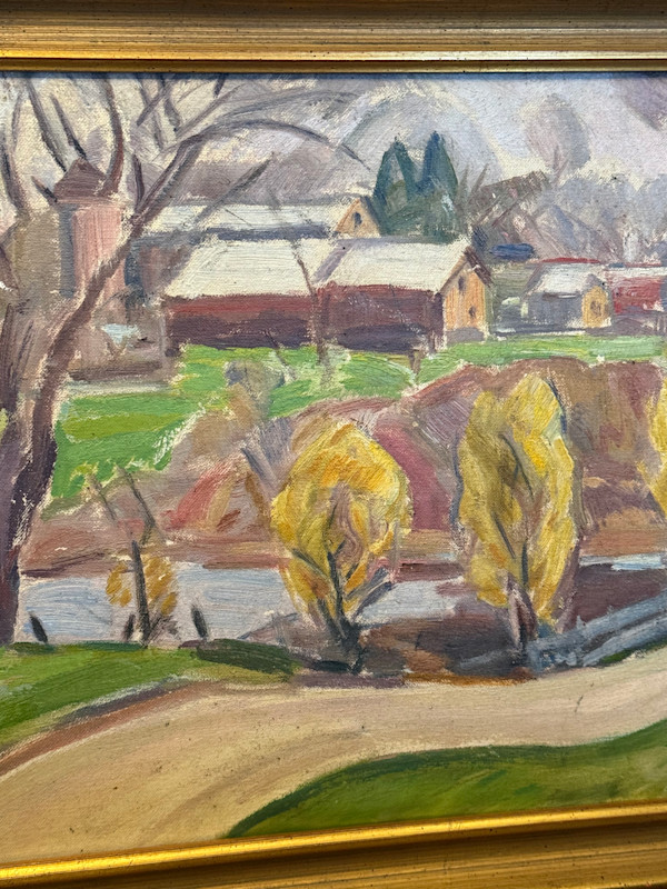 Framed barn painting with stop sign