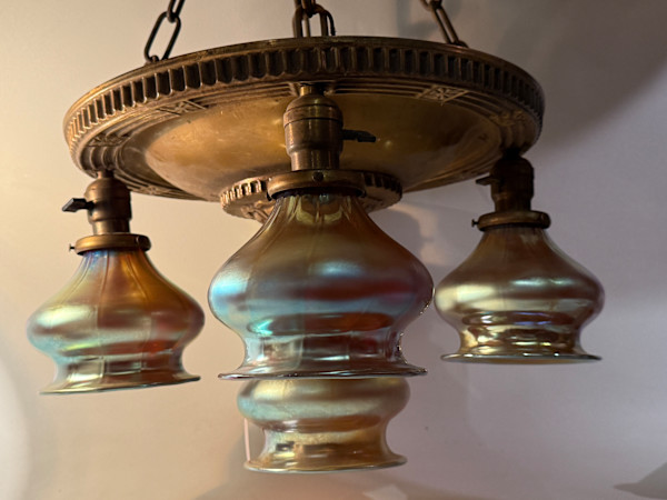 Arts and Crafts era 5 light chandelier with hand blown shades
