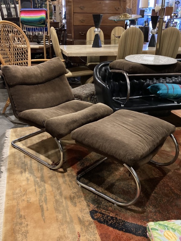 chrome and corduroy lounge chair with ottoman