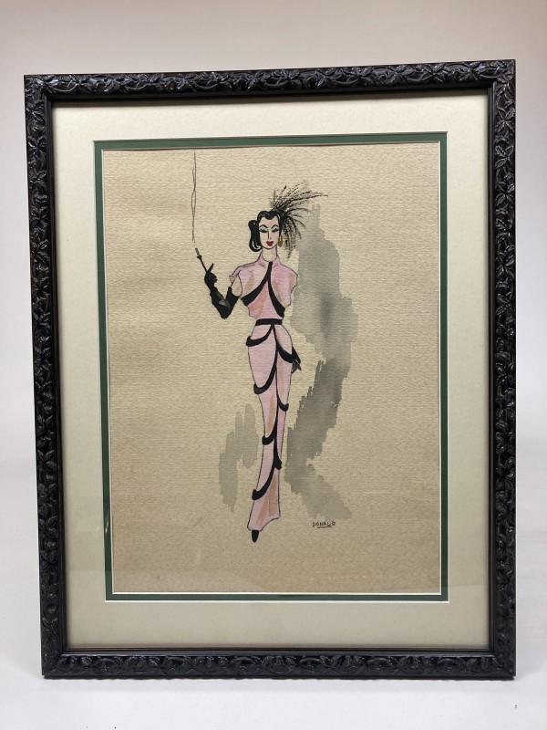 1940's original framed fashion watercolor with long Pink gown