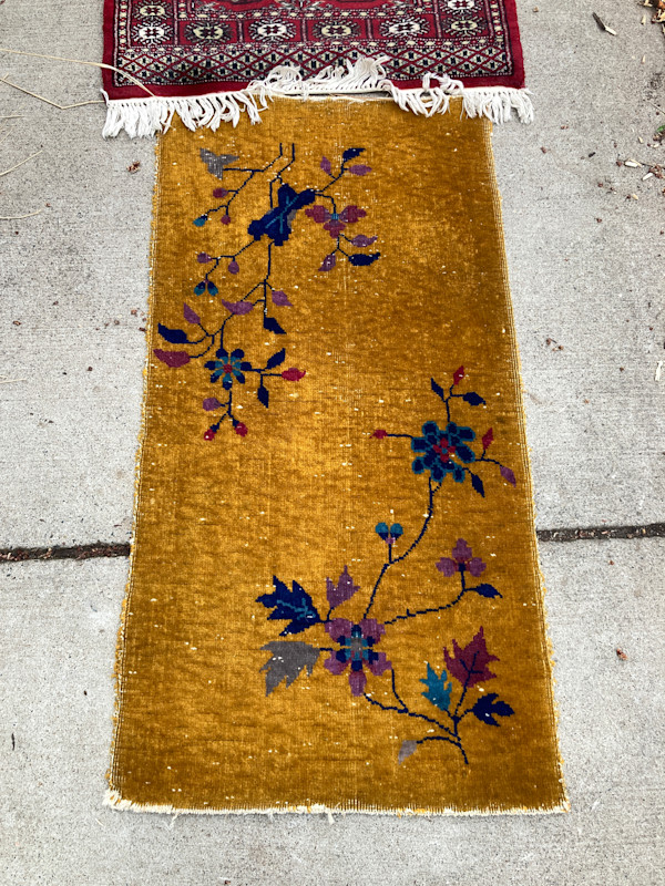 hand made antique wool Asian gold rug
