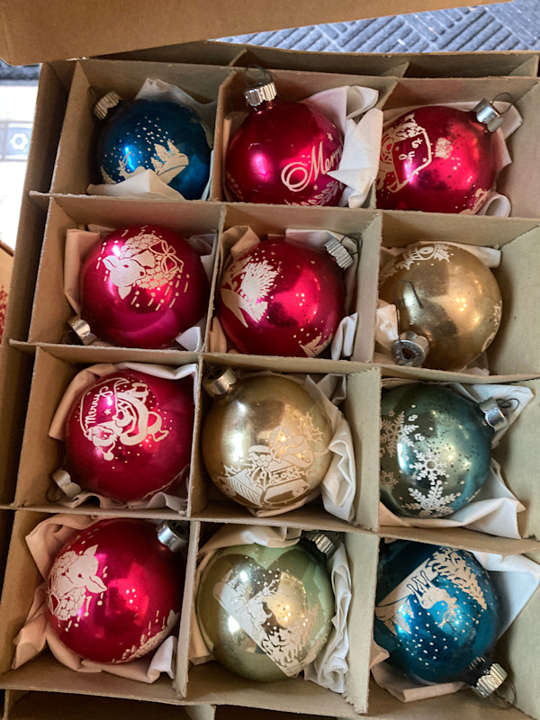 Box of Shiny bright ornaments