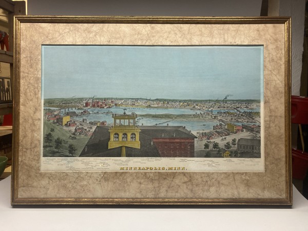 Framed hand colored engraving of Minneapolis