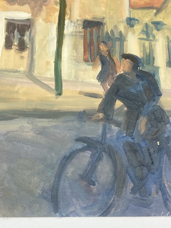 Original watercolor of French street scene with bicycle