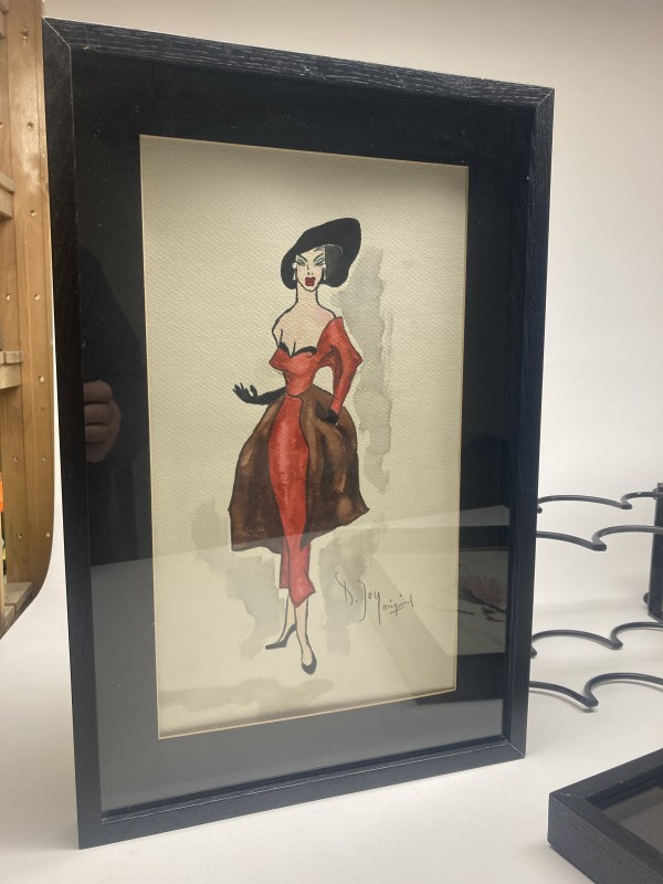 Framed original 1940's fashion watercolor with long red gown