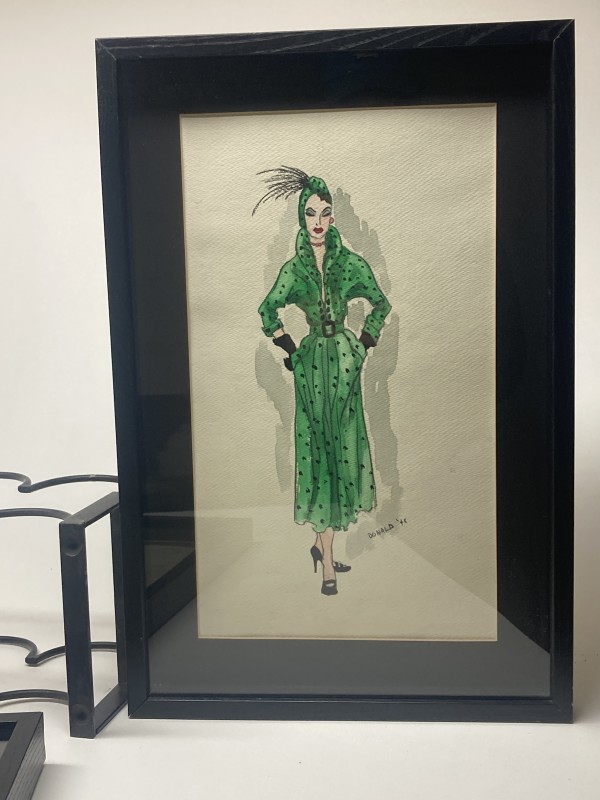 framed 1940's original fashion watercolor with long Green dress