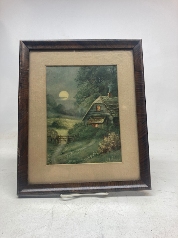 vintage print of cabin and moon