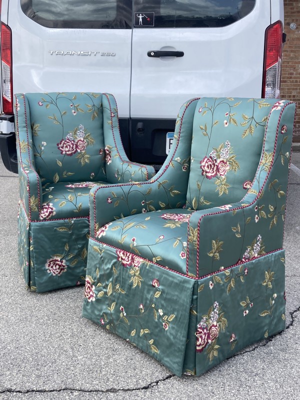 Upholstered silk chairs with low aprons