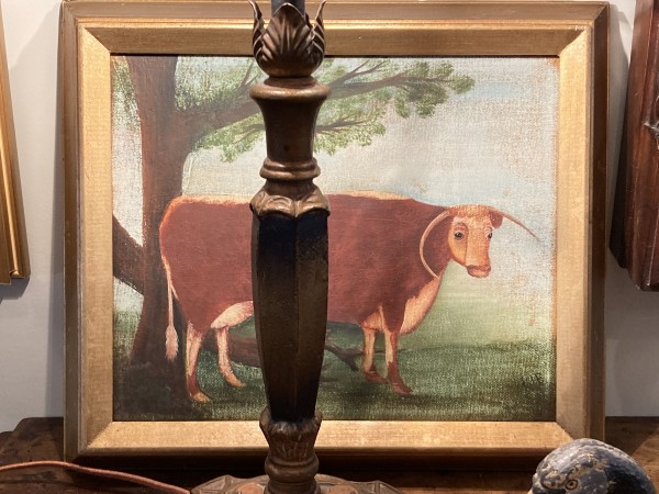 Primitive framed cow painting on canvas
