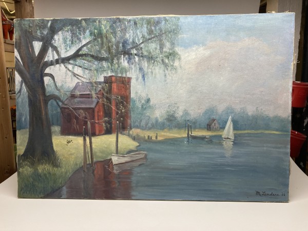 Original oil painting on canvas of red building and sailboat