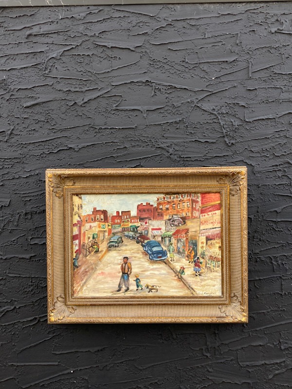 Framed Ashcan oil painting on board of a street scene
