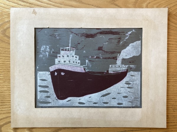 Lake Superior freight liner woodblock
