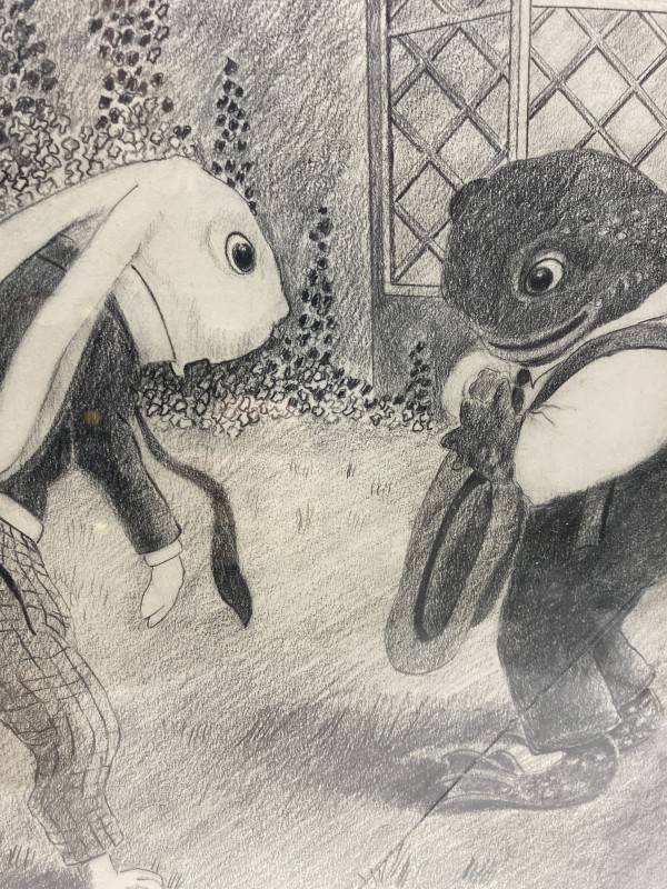 Framed drawing of a frog and a rabbit