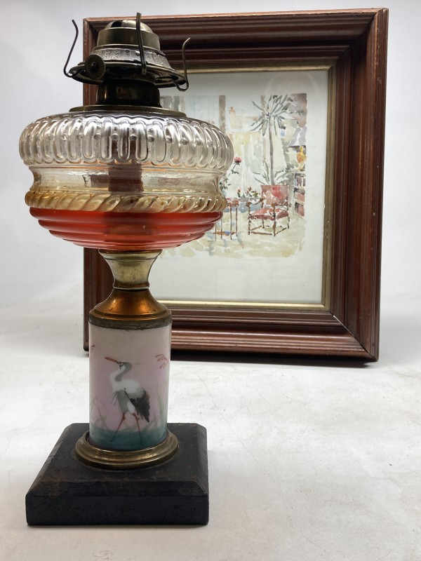 19th century oil lamp with heron