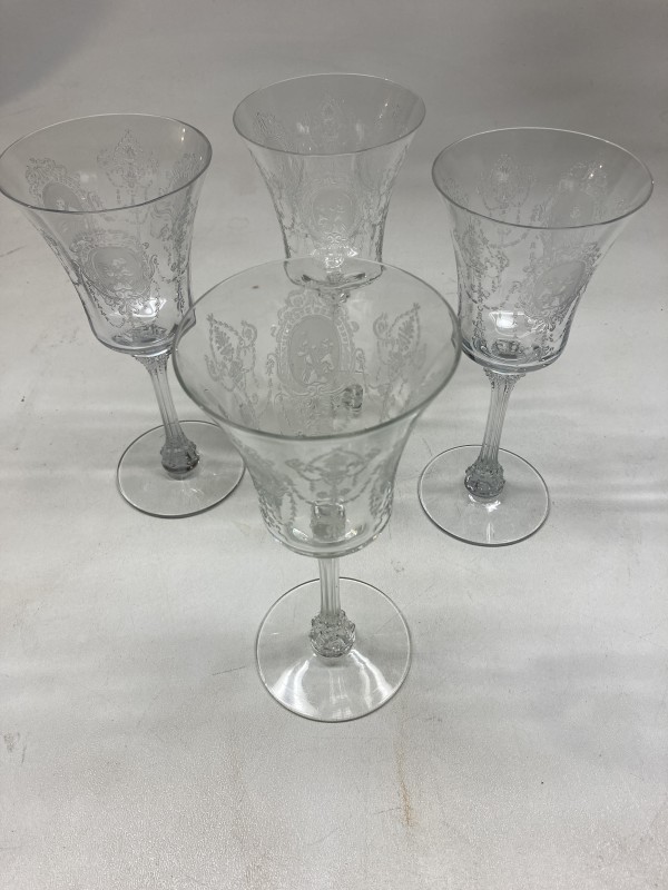 4 etched wine "minuet" glasses by Heisey