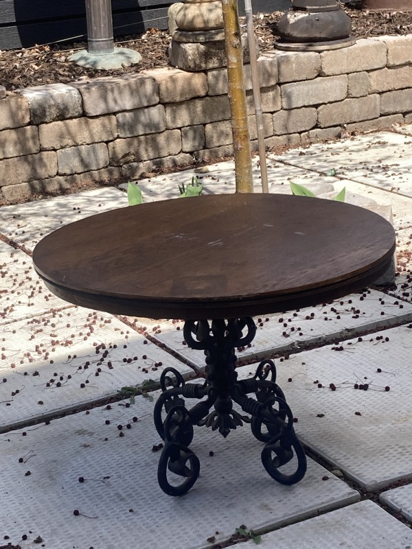 wrought iron low oak top table