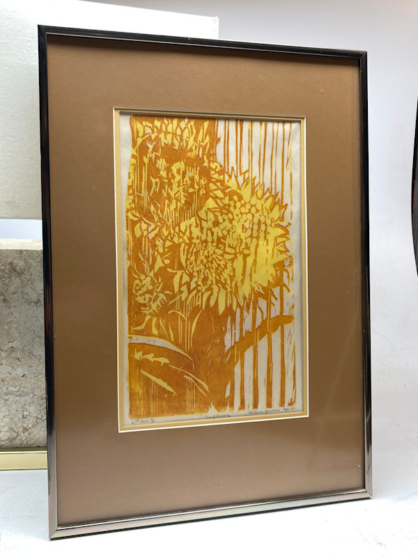 Framed woodblock of Sunflowers by Barbara Graham