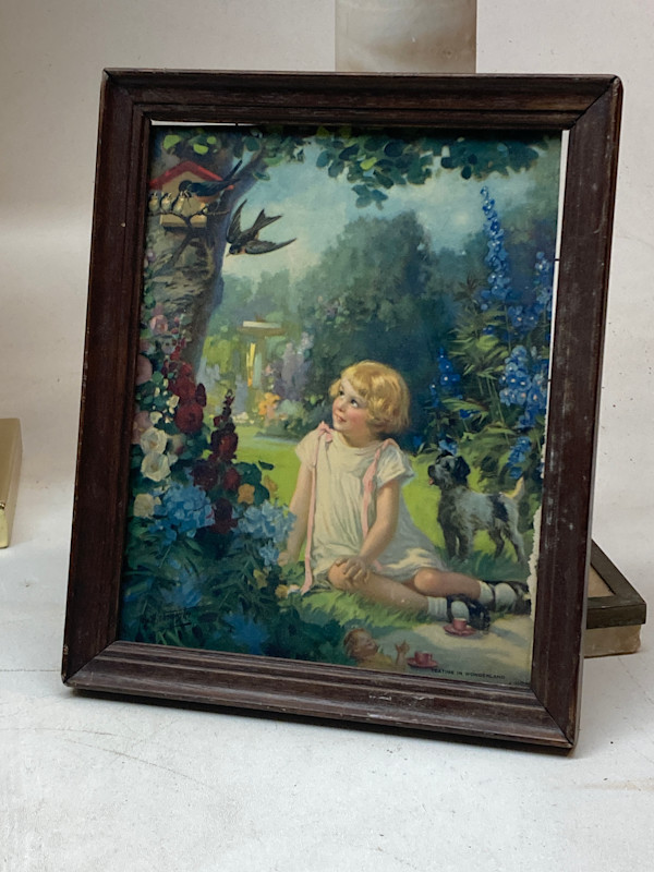 framed lithograph of girl and birds