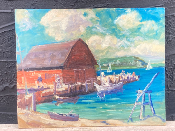 Carl G.T. Olson original painting on board harbor scene with red building and sailboats #11