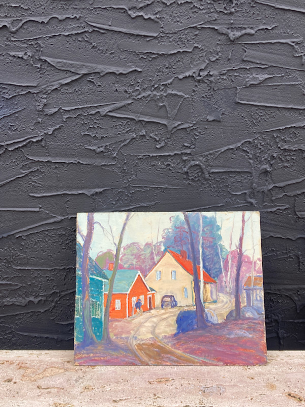 Carl G.T. Olson original painting on board orange house with car #17