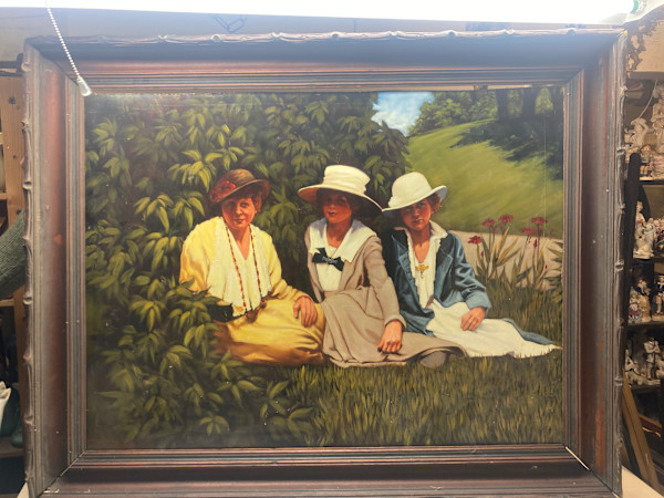 large framed Polly Podolsky painting of three women