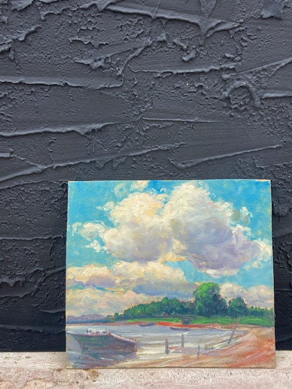 Carl G.T. Olson original painting on board spring clouds with boat  #22