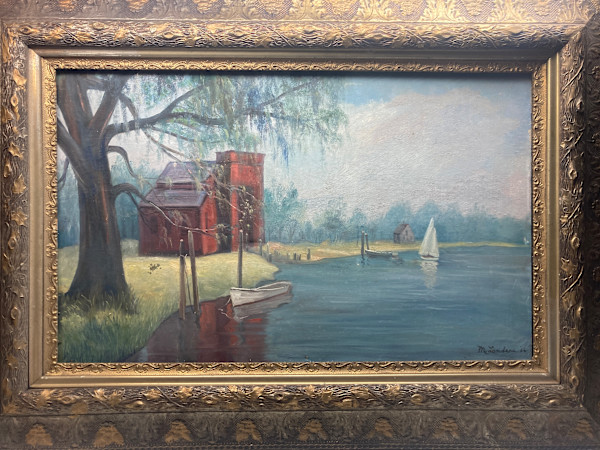 Original oil painting on canvas of red building and sailboat