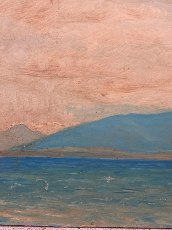 Carl G.T. Olson original painting on board  coastal scene with mountains  #34