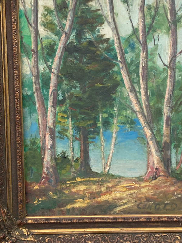 Carl G. T. Olson original painting on board lakes edge with white trees #38