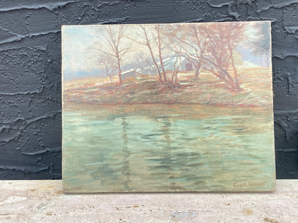 George Adomeit original painting on canvas river with buildings on bank  #35