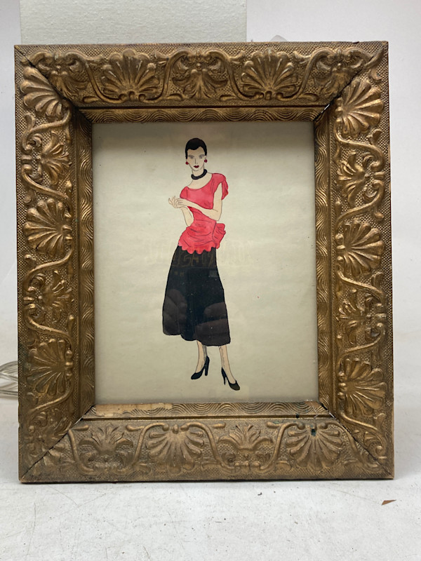 Framed1940's original fashion watercolor with red top and black skirt