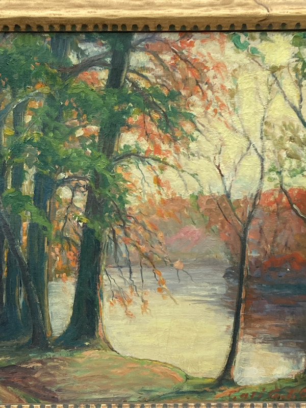 Carl G. T. Olson original painting on canvas fall scene with water #49