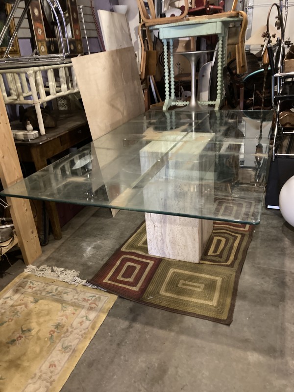 Post modern Travertine base glass top dining room table