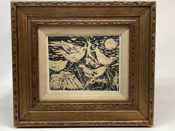 framed James Quentin Young birds and mountain woodblock