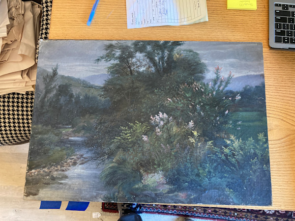 Peter Roos original painting on board landscape with pink flowers  #83