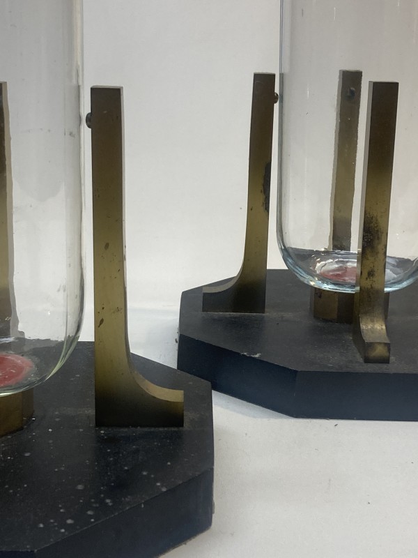 Pair of mid century modern brass and glass candle holders