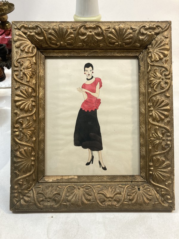 Framed 1940's original fashion watercolor with red top