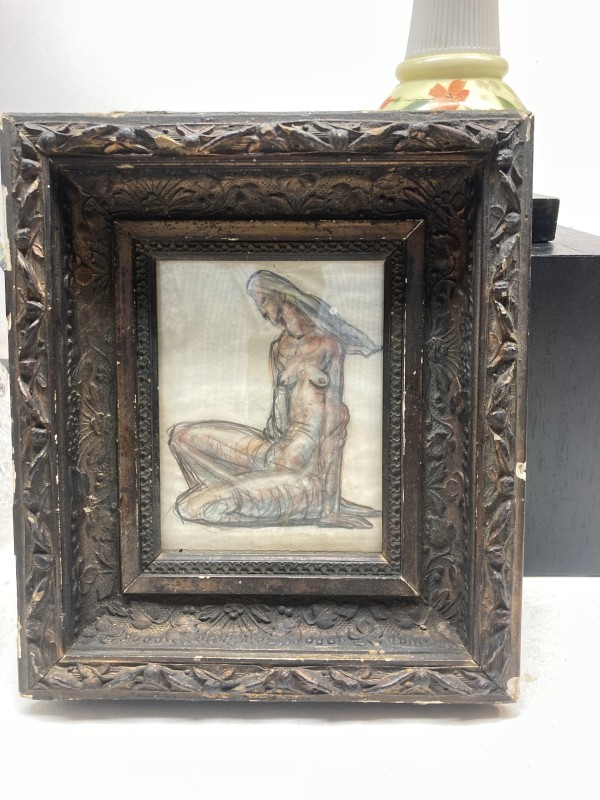 Original framed drawing of a seated Art Deco nude figure