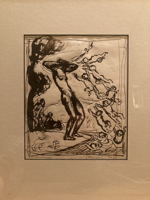 Framed original ink drawing of female nude