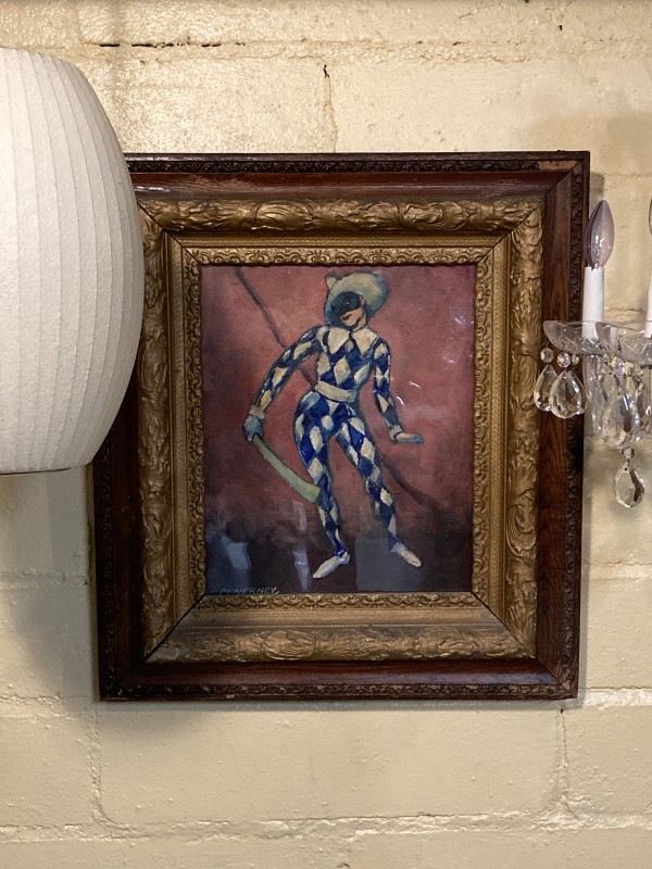 Framed original painting on board of harlequin