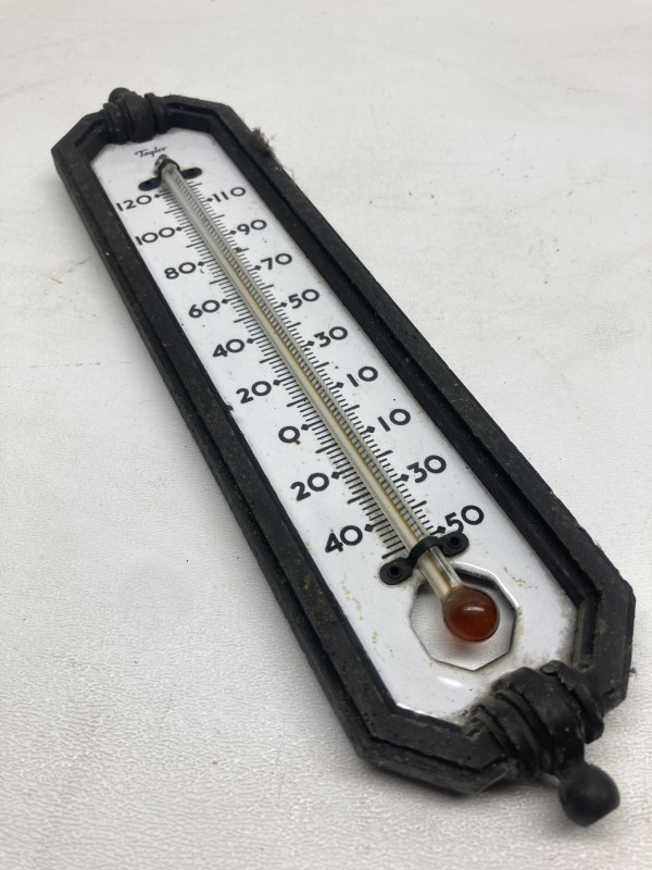 vintage metal and porcelain thermometer